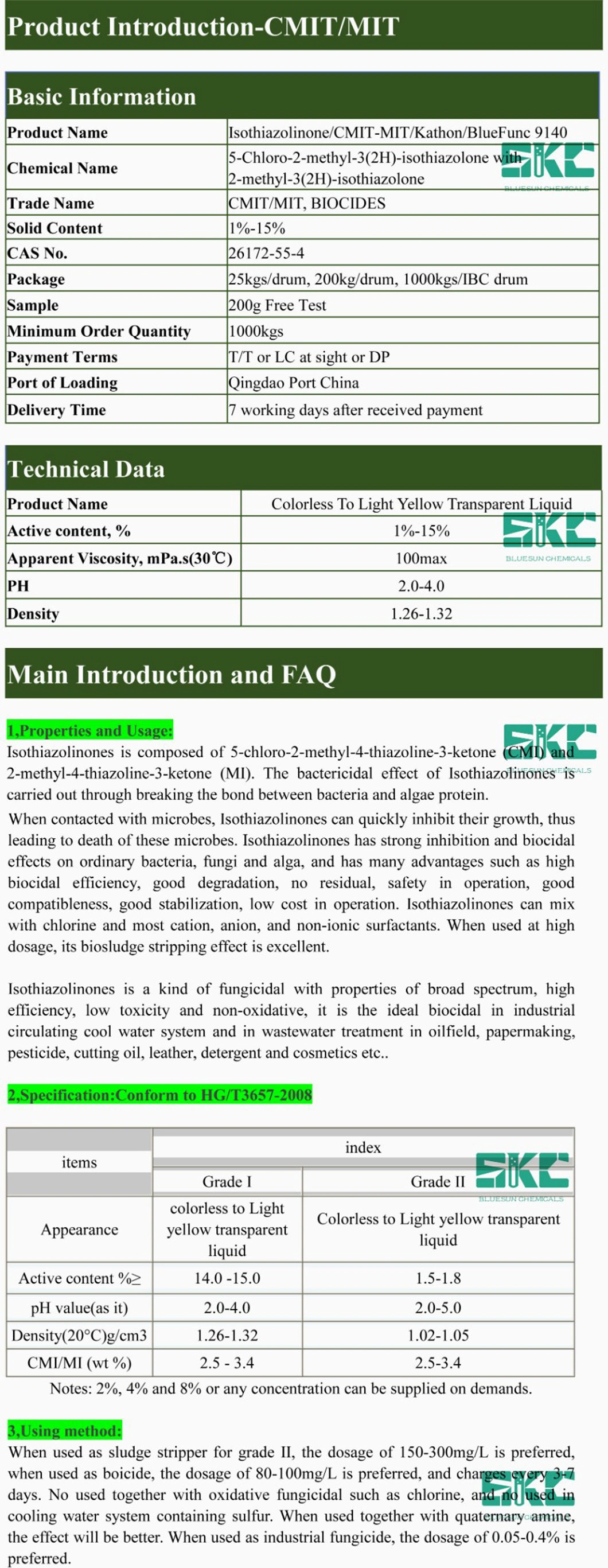 Environmental Cmit/Mit Bactericide for Industrial Cooling Water